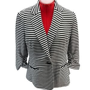 Kasper Black White Stripe 1 Button Ruched Sleeves Jacket Blazer Women 14